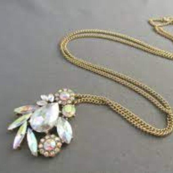 J. CREW GOLD TONE AURORA IRIDESCENT TEAR DROP RHINESTONE STATEMENT NECKLACE - Picture 11 of 11